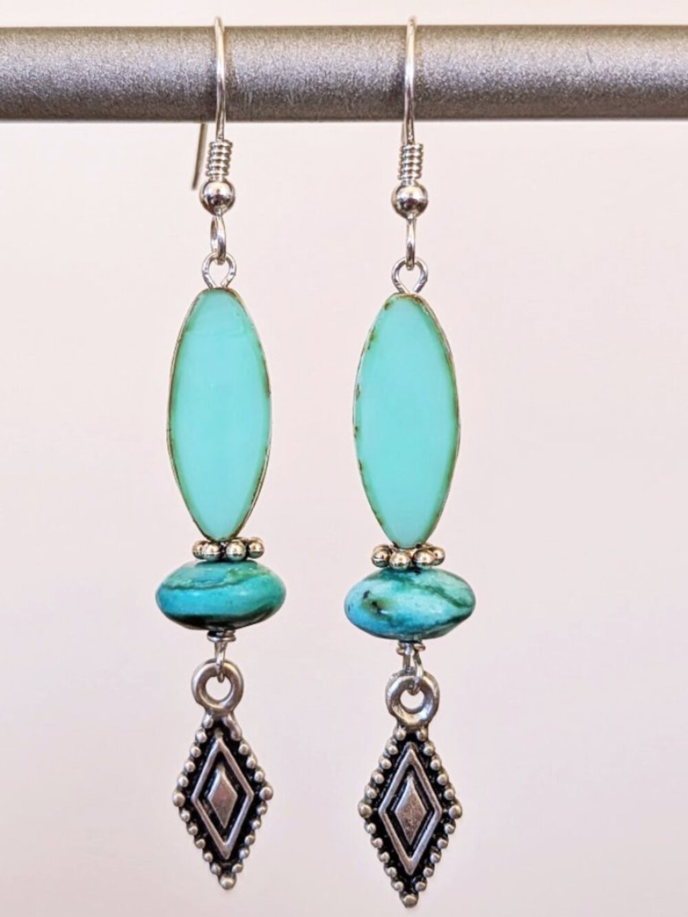 Boho Sterling Silver Green & Turquoise Blue Chrysocolla Dangle Earrings